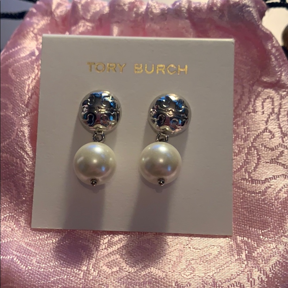 Tory Burch Silver White Pearl Dangle Earrings